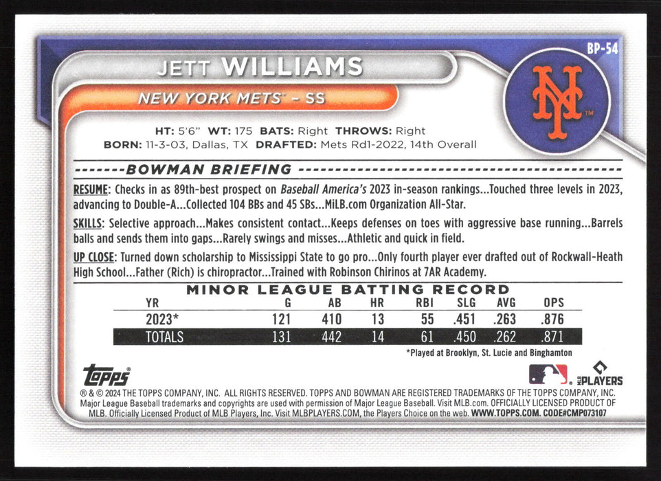 2024 Bowman #BP-54 Jett Williams Base