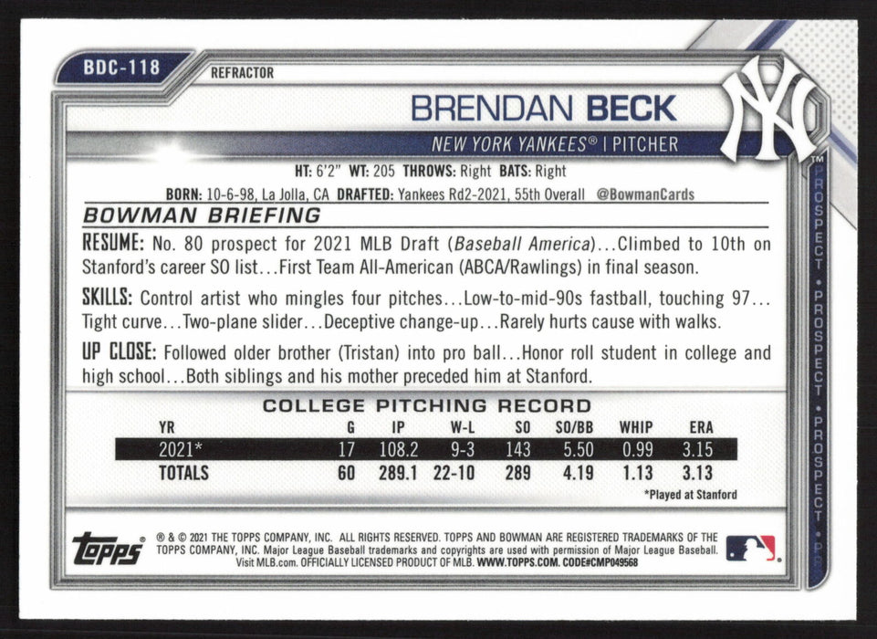 2021 Bowman Draft #BDC-118 Brendan Beck Chrome Refractor