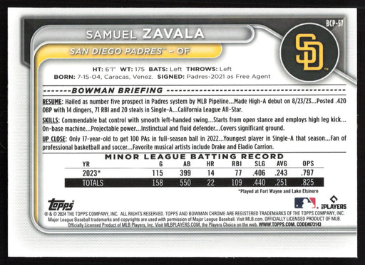 2024 Bowman #BCP-57 Samuel Zavala Chrome Prospects Lunar Glow Refractors