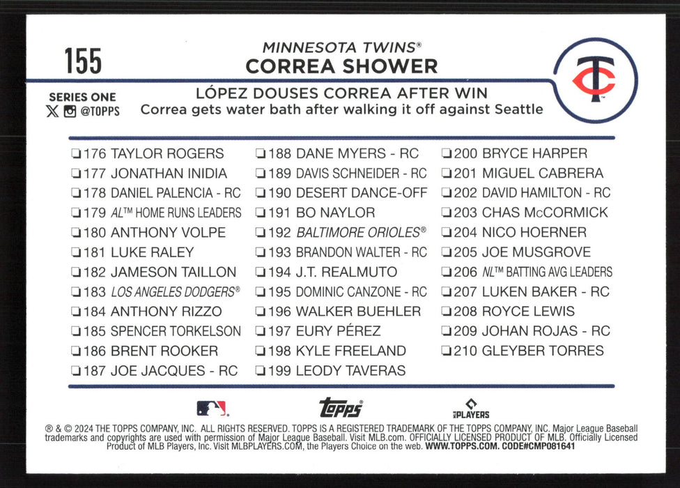 2024 Topps #155 Correa Shower: López Douses Correa After Win Holiday