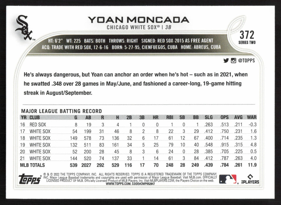 2022 Topps #372 Yoan Moncada Rainbow Foil