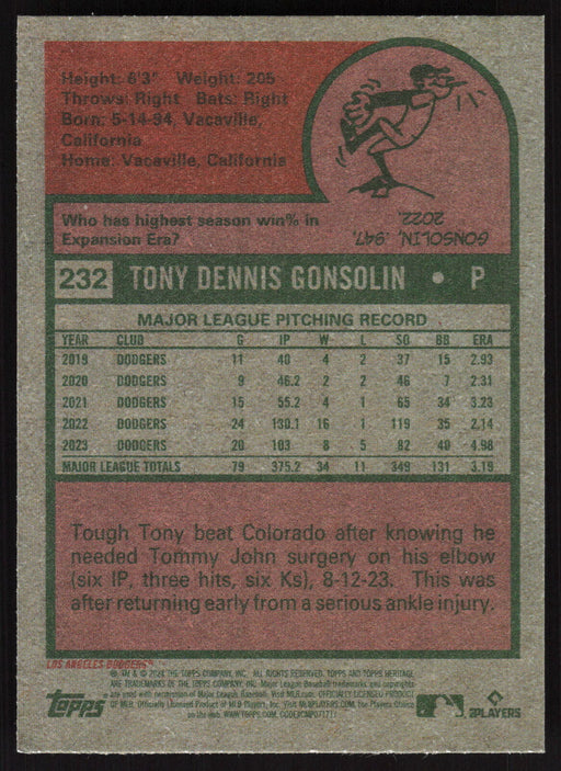 2024 Topps Heritage #232 Tony Gonsolin Base