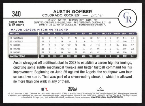 2024 Topps #340 Austin Gomber Yellow