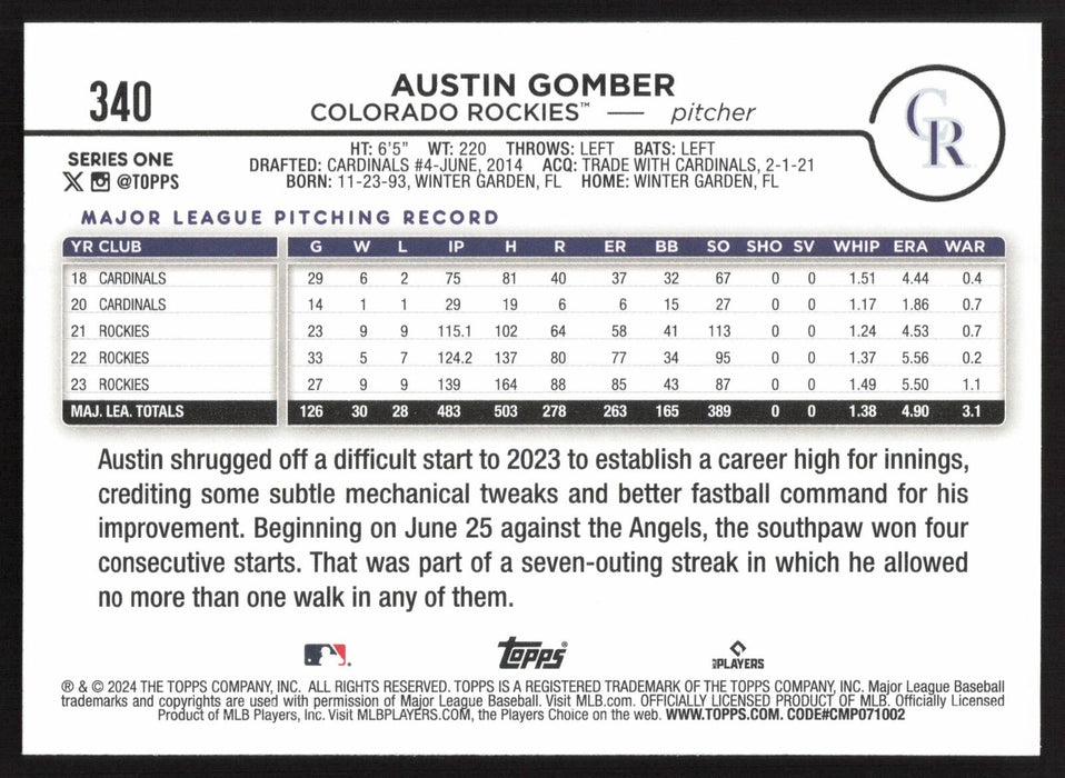 2024 Topps #340 Austin Gomber Yellow