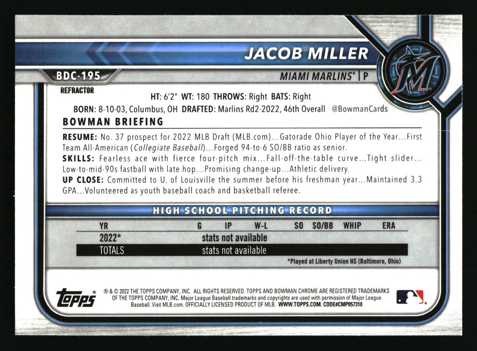 2022 Bowman Draft #BDC-195 Jacob Miller Chrome Refractor