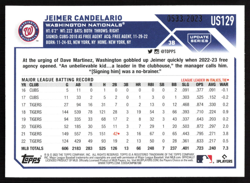 2023 Topps Update #US129 Jeimer Candelario Gold #/2023