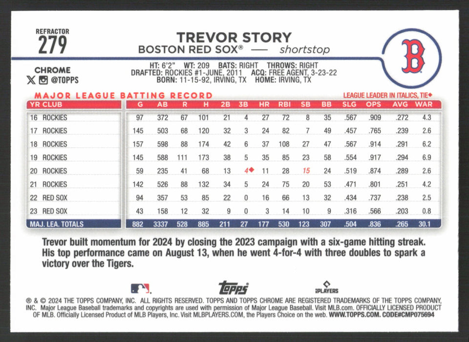 2024 Topps Chrome #279 Trevor Story Refractor