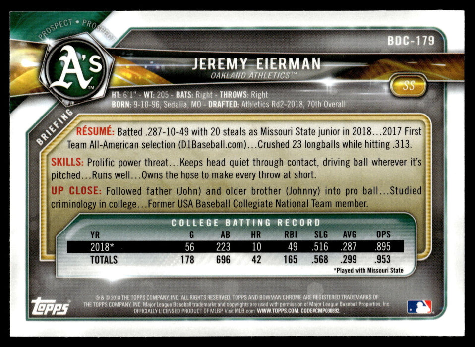 2018 Bowman Draft #BDC-179 Jeremy Eierman Chrome