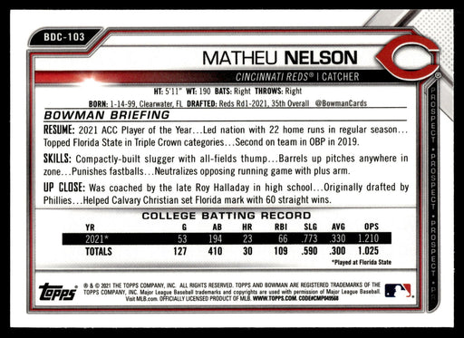 2021 Bowman Draft #BDC-103 Matheu Nelson Chrome Sparkle Refractor