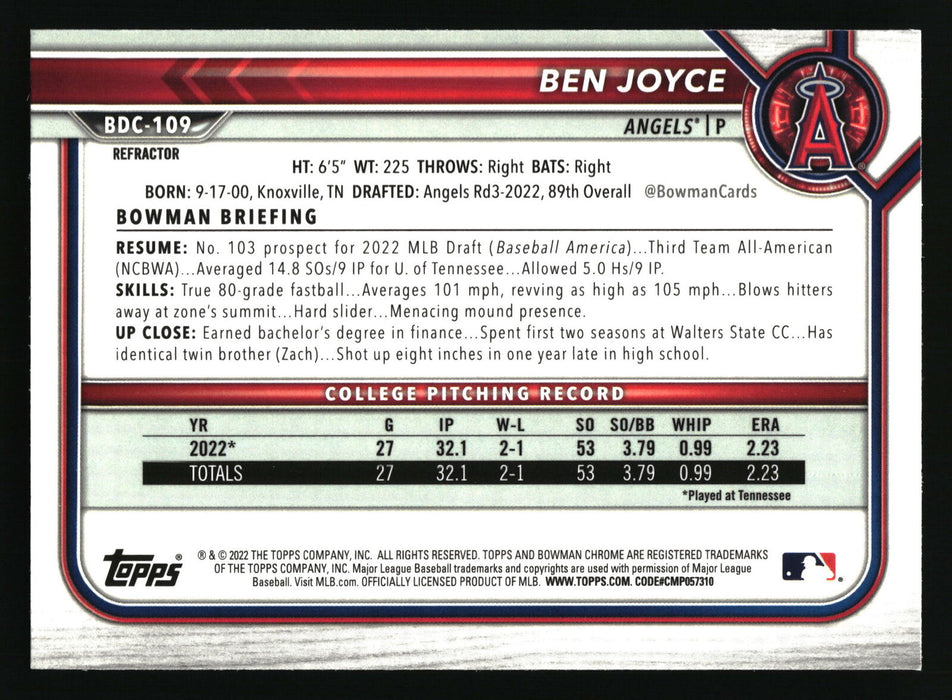 2022 Bowman Draft #BDC-109 Ben Joyce Chrome Refractor