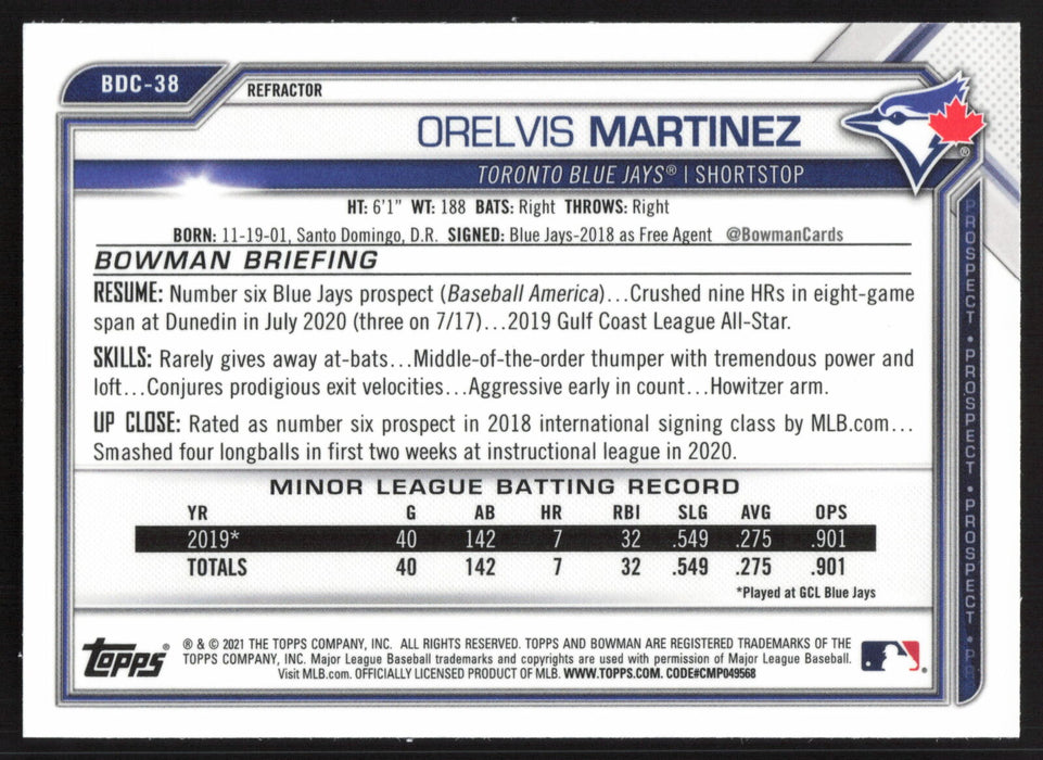 2021 Bowman Draft #BDC-38 Orelvis Martinez Chrome Refractor