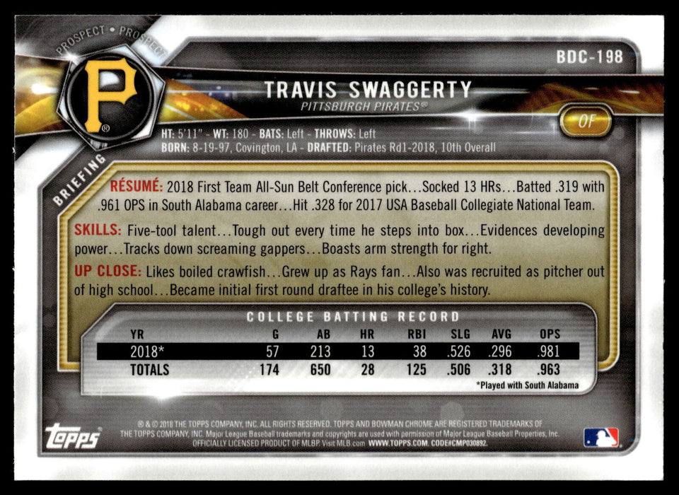 2018 Bowman Draft #BDC-198 Travis Swaggerty Chrome