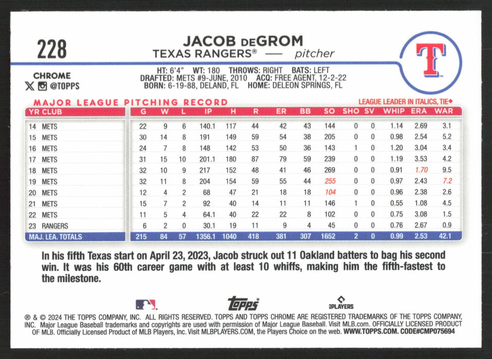 2024 Topps Chrome #228 Jacob deGrom Prism Refractor