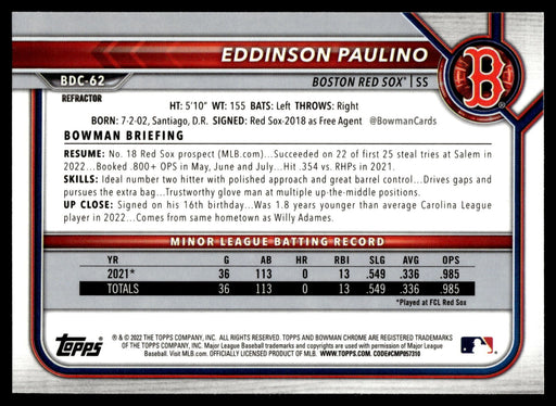 2022 Bowman Draft #BDC-62 Eddinson Paulino Chrome Refractor