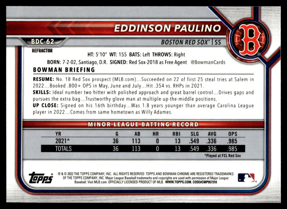 2022 Bowman Draft #BDC-62 Eddinson Paulino Chrome Refractor