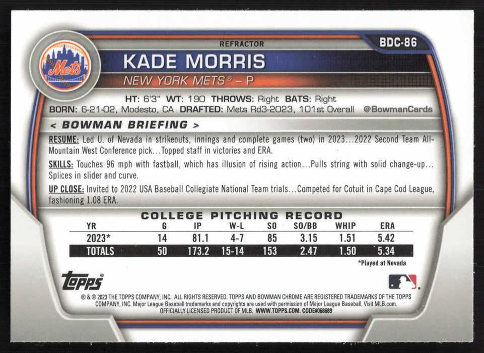 2023 Bowman Draft #BDC-86 Kade Morris Chrome Refractor