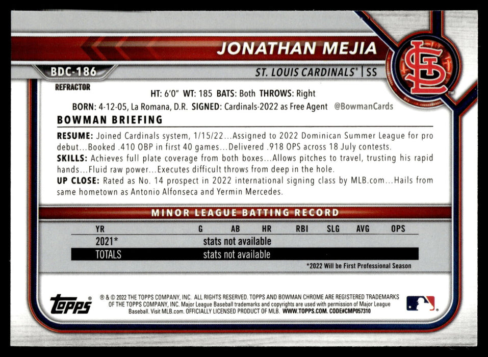 2022 Bowman Draft #BDC-186 Jonathan Mejia Chrome Refractor