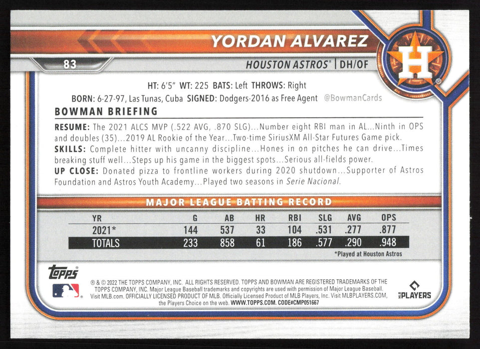 2022 Bowman #83 Yordan Alvarez Base