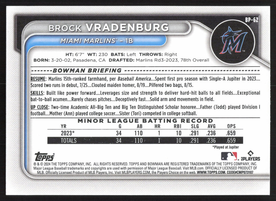 2024 Bowman #BP-62 Brock Vradenburg Prospects