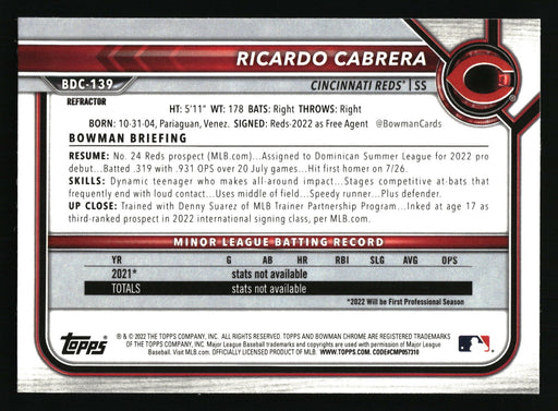 2022 Bowman Draft #BDC-139 Ricardo Cabrera Chrome Refractor