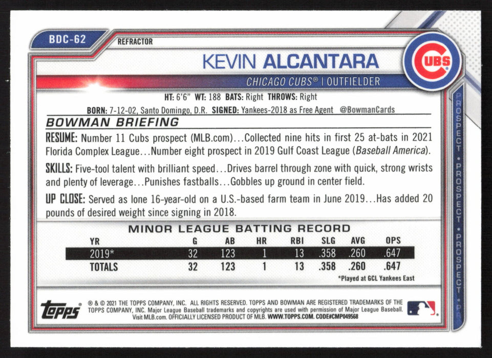 2021 Bowman Draft #BDC-62 Kevin Alcantara Chrome Refractor