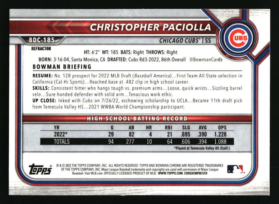 2022 Bowman Draft #BDC-185 Christopher Paciolla Chrome Refractor