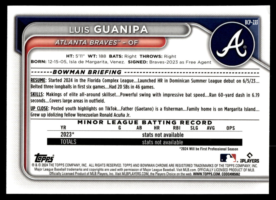 2024 Bowman Chrome #BCP-233 Luis Guanipa Prospects