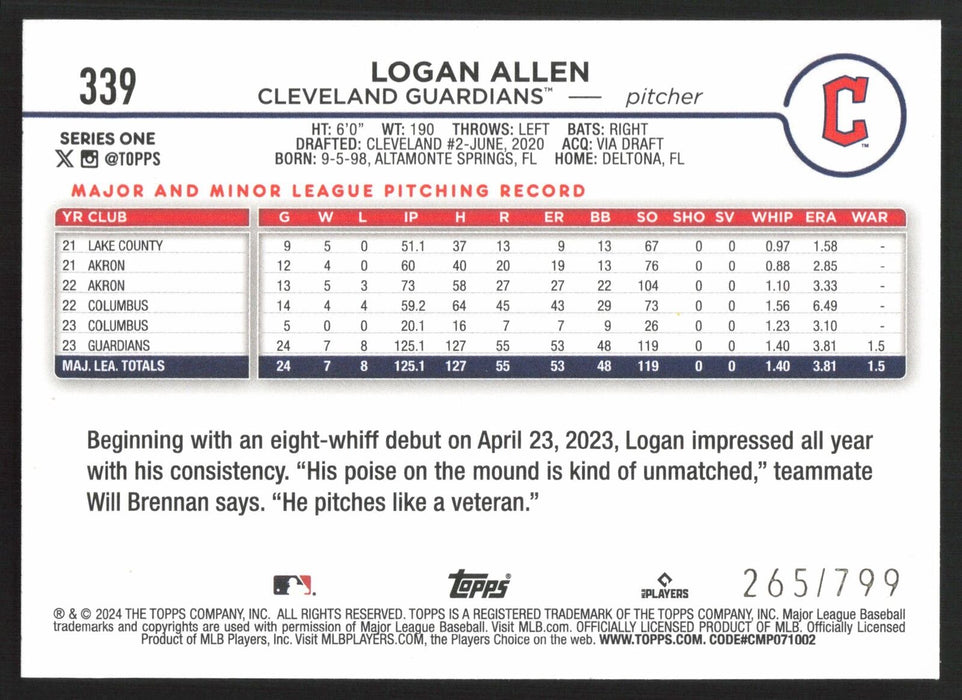 2024 Topps #339 Logan Allen Purple Holofoil #/799