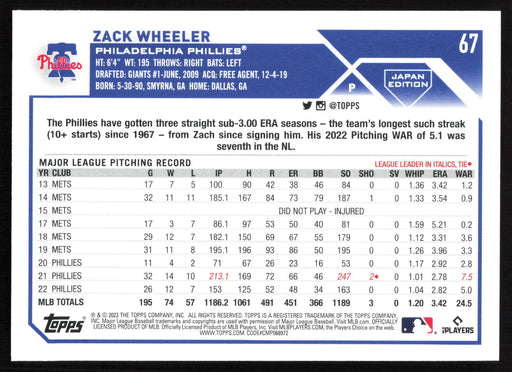 2023 Topps Japan Edition #67 Zack Wheeler