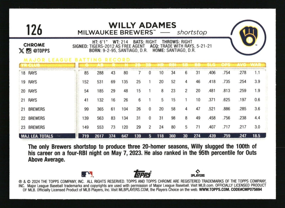 2024 Topps Chrome Milwaukee Brewers Refractor Lot (Adames, Williams, Yelich)