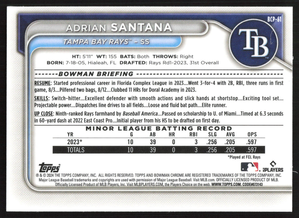 2024 Bowman #BCP-61 Adrian Santana Chrome Prospects