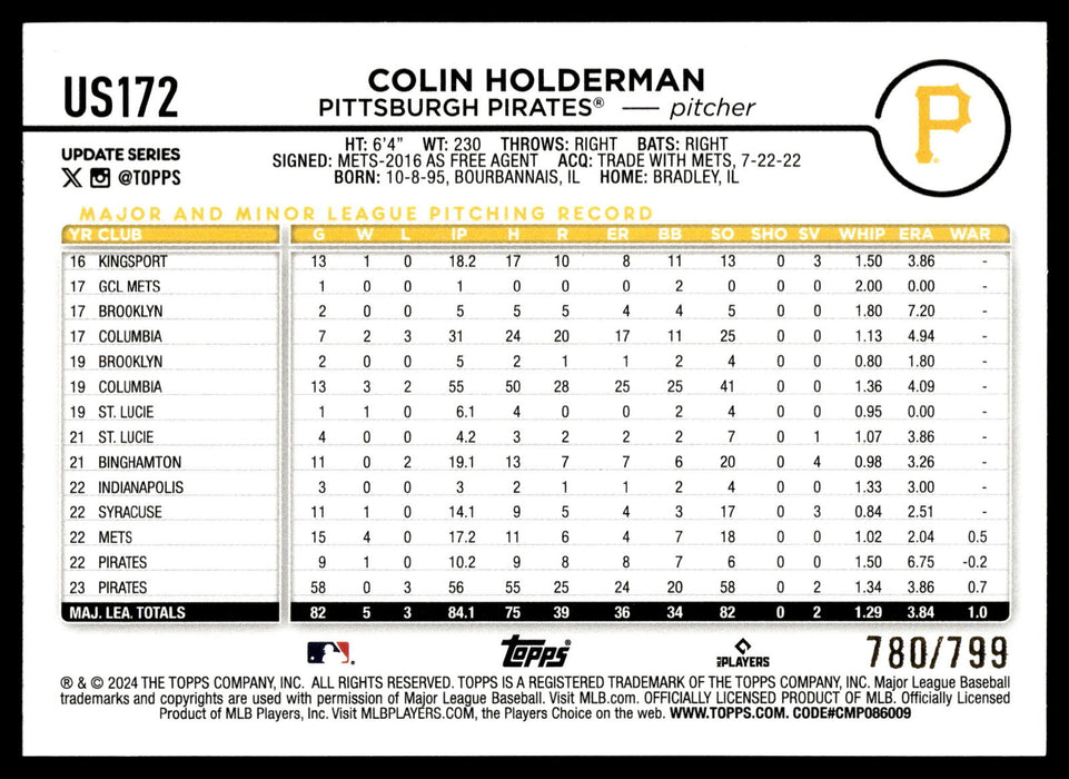 2024 Topps Update #US172 Colin Holderman Purple Holofoil #/799