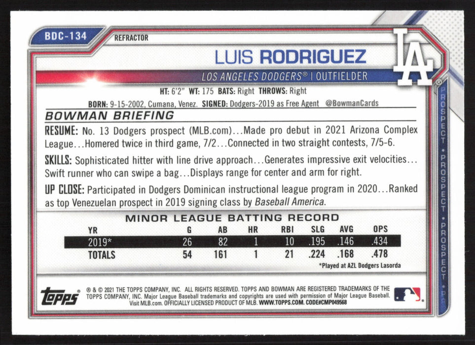 2021 Bowman Draft #BDC-134 Luis Rodriguez Chrome Refractor