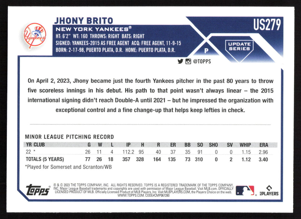 2023 Topps Update #US279 Jhony Brito Gold Foil