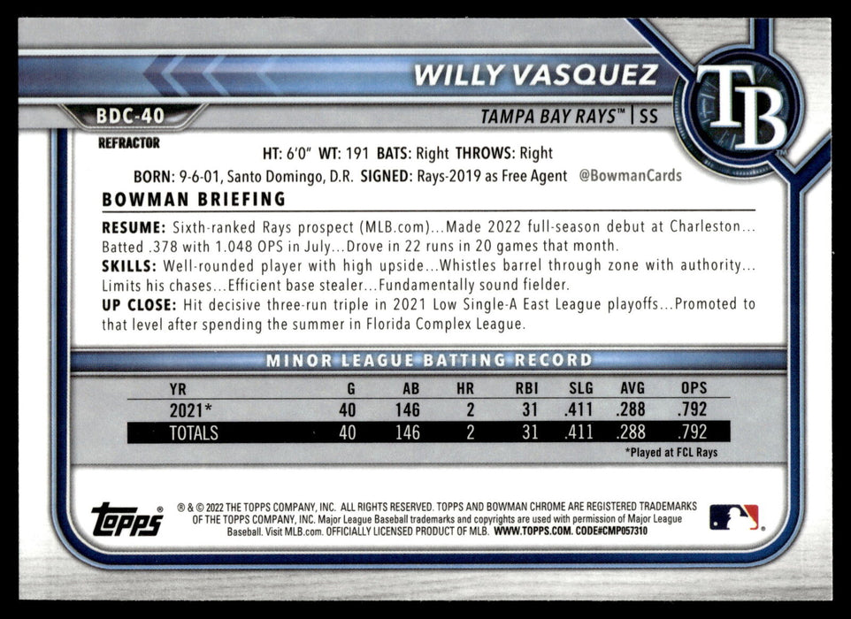 2022 Bowman Draft #BDC-40 Willy Vasquez Chrome Refractor