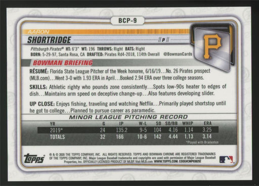 2020 Bowman #BCP-9 Aaron Shortridge Chrome Prospects Speckle Refractor #/299