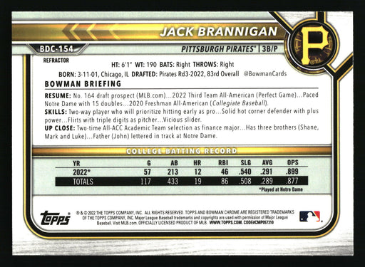 2022 Bowman Draft #BDC-154 Jack Brannigan Chrome Refractor