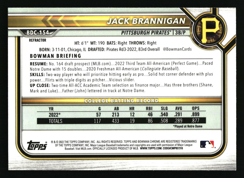 2022 Bowman Draft #BDC-154 Jack Brannigan Chrome Refractor