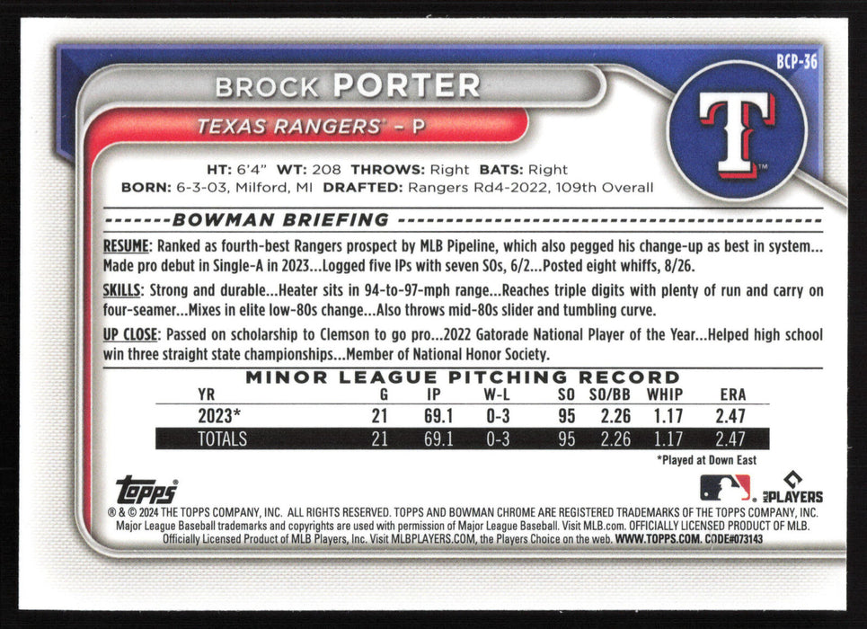 2024 Bowman #BCP-36 Brock Porter Chrome Prospects