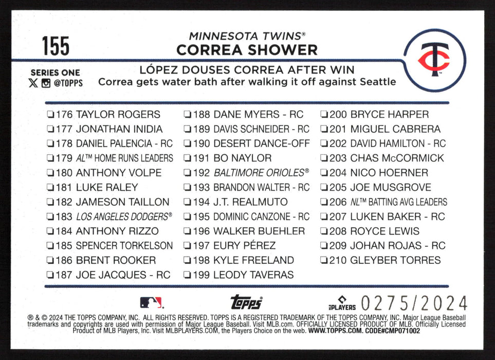 2024 Topps #155 Correa Shower: Lopez Douses Correa After Win Gold #/2024