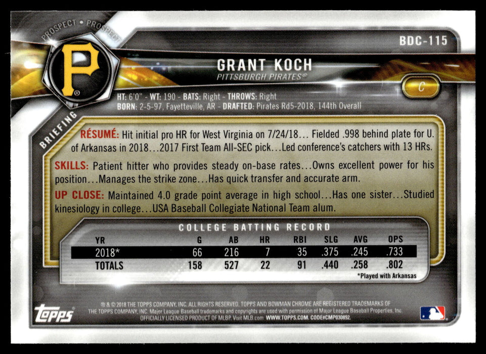 2018 Bowman Draft #BDC-115 Grant Koch Chrome