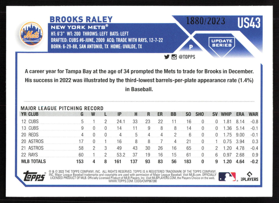 2023 Topps Update #US43 Brooks Raley Gold #/2023