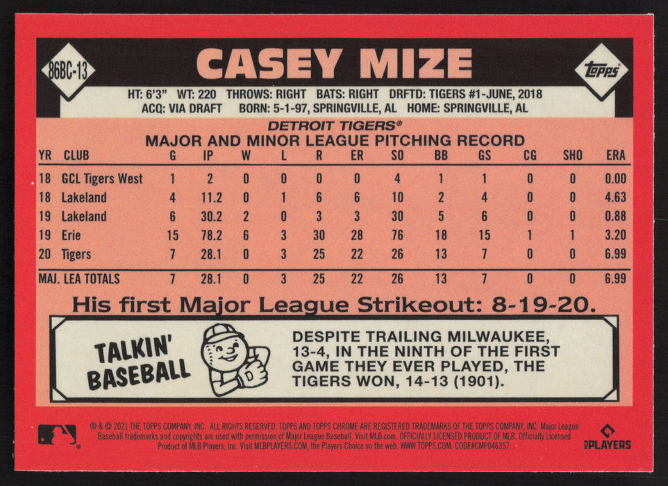 2021 Topps Chrome #86BC-13 Casey Mize 1986 Topps Baseball