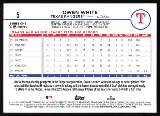 2024 Topps #5 Owen White Texas Rangers