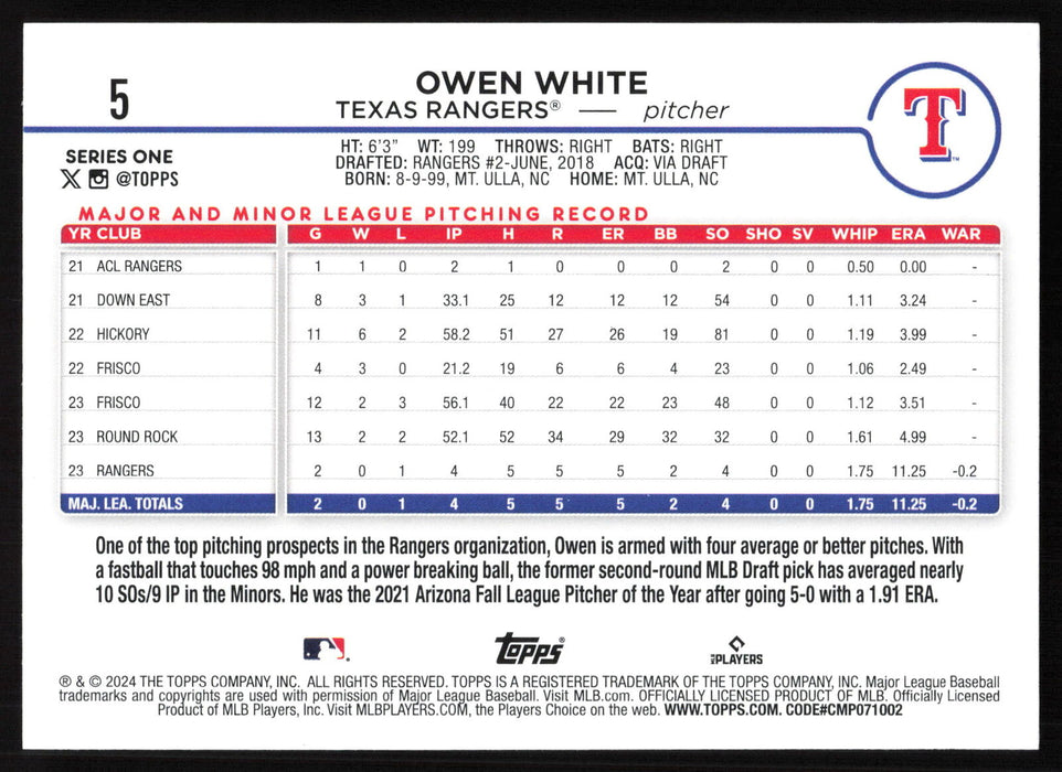 2024 Topps #5 Owen White Texas Rangers