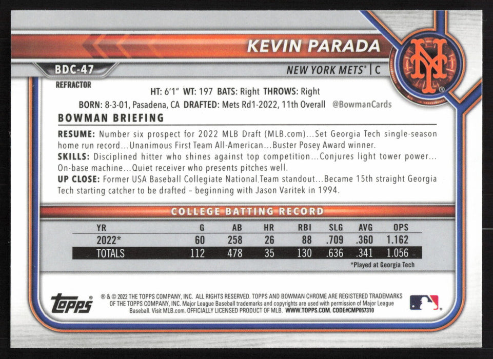 2022 Bowman Draft #BDC-47a Kevin Parada Chrome Refractor