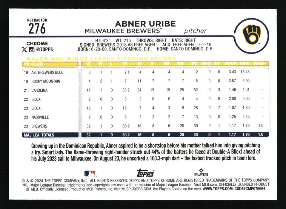 2024 Topps Chrome Milwaukee Brewers Refractor Lot (Adames, Williams, Yelich)