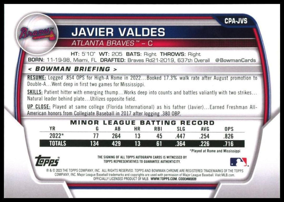 2023 Bowman Chrome #CPA-JVS Javier Valdes Autograph Speckle Refractor #/299