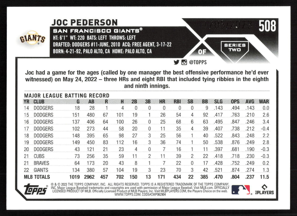 2023 Topps #508 Joc Pederson Gold #/2023