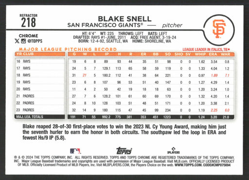 2024 Topps Chrome #218 Blake Snell Refractor